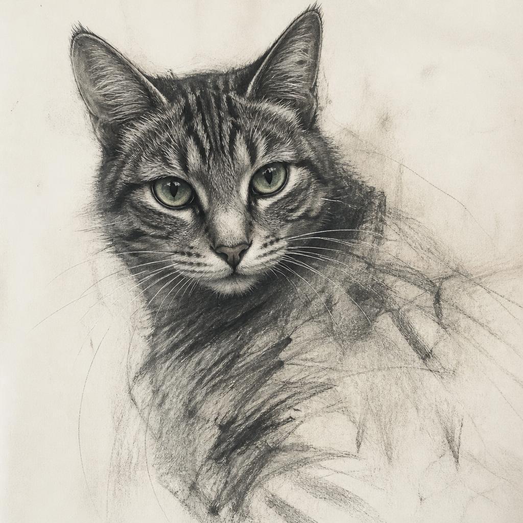 Retrato Fine Art de un gato atigrado en carbón y grafito