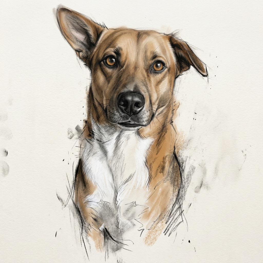 Retrato de la colección Mi Fiel Amigo de Luna en carbón y pastel seco, sin halo