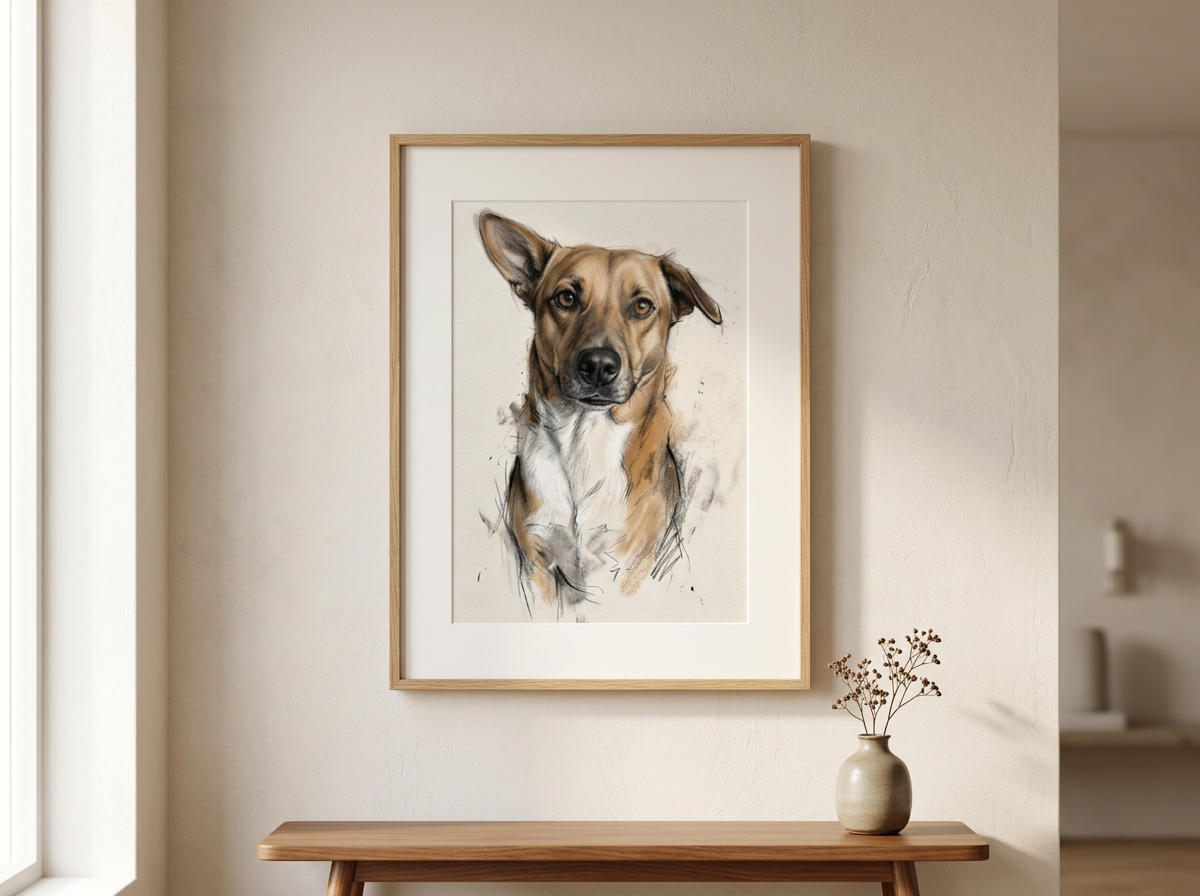 Retrato Fine Art enmarcado en madera natural colgado en una pared cálida